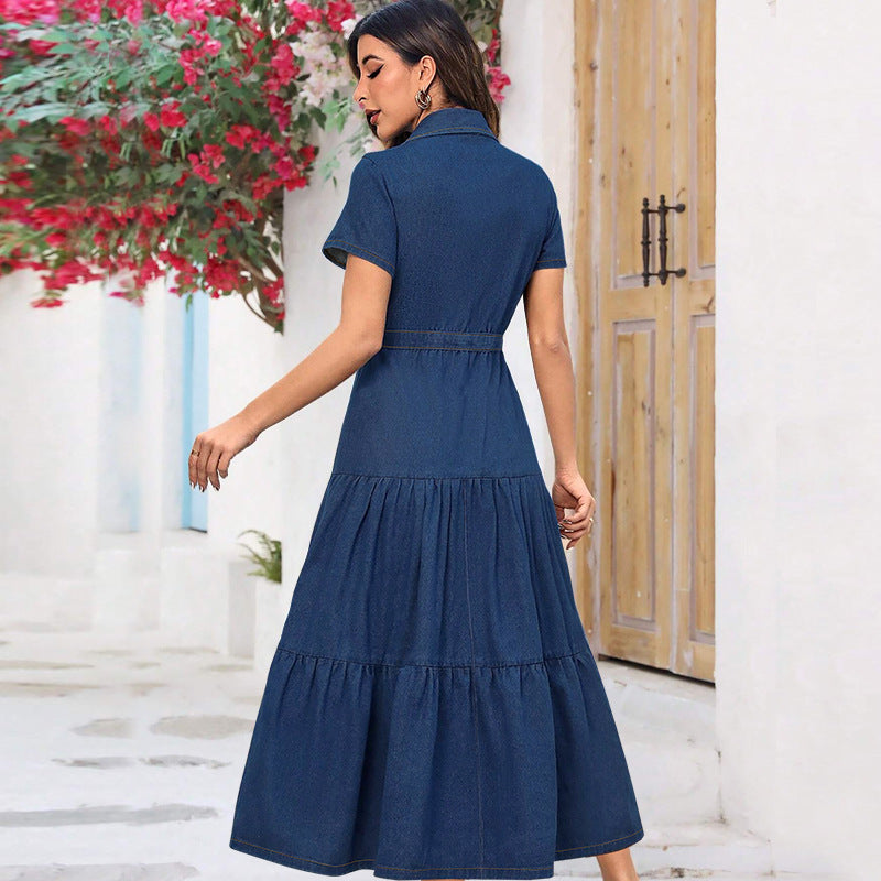 Women's Lapel Button Long Pocket Sleeve Pattern Dresses