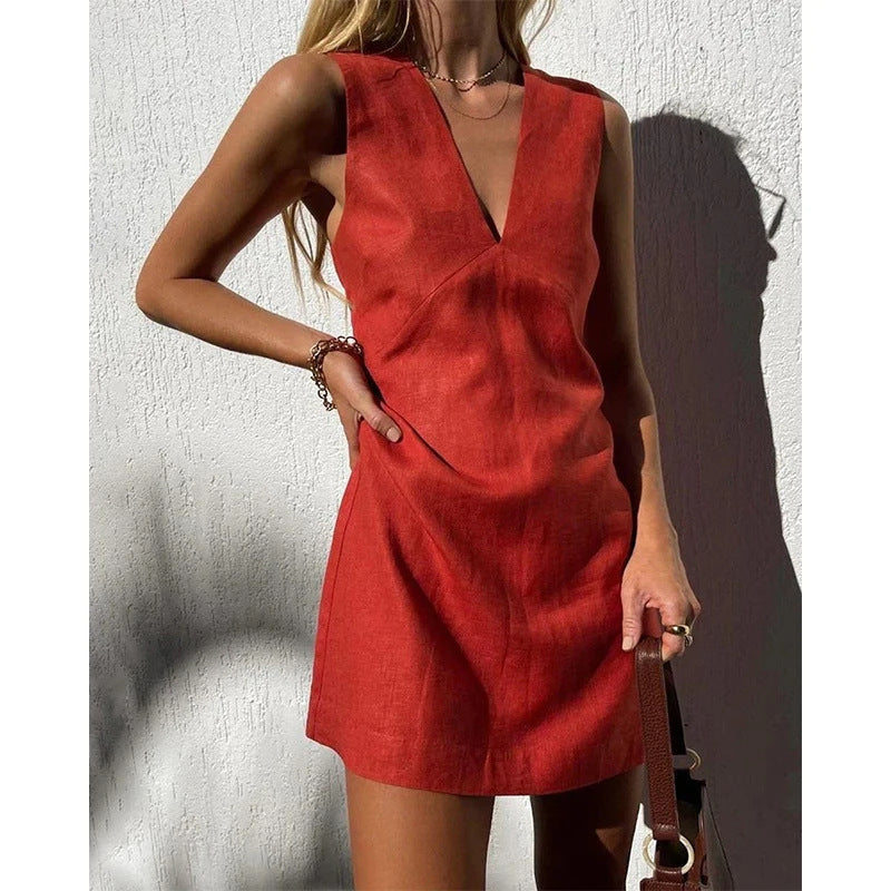 Women's Linen Sleeveless Dress Summer Basic Solid Dresses