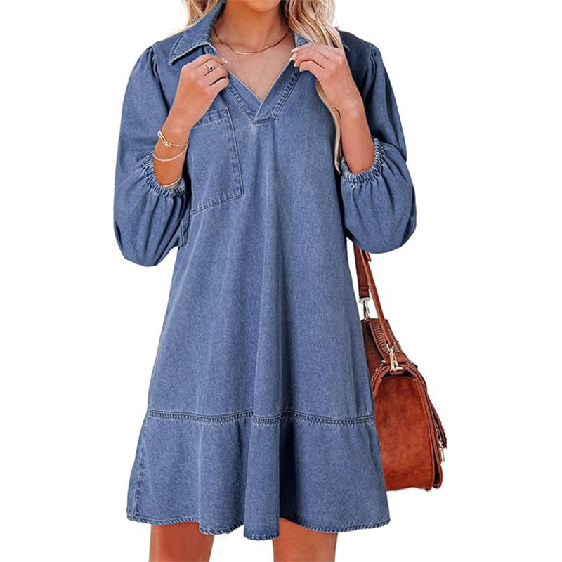 Women's Style Clothes Cropped Puff Sleeve Denim Dresses