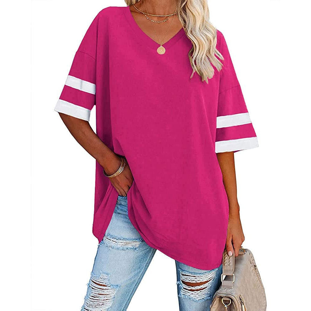 Women's Loose Half Sleeve Contrast Color T-shirt Tops