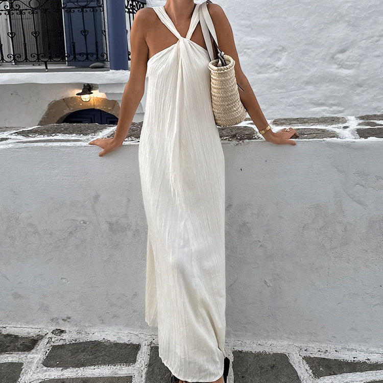 Women's Beige Sleeveless Halter Seaside Beach Leisure Dresses