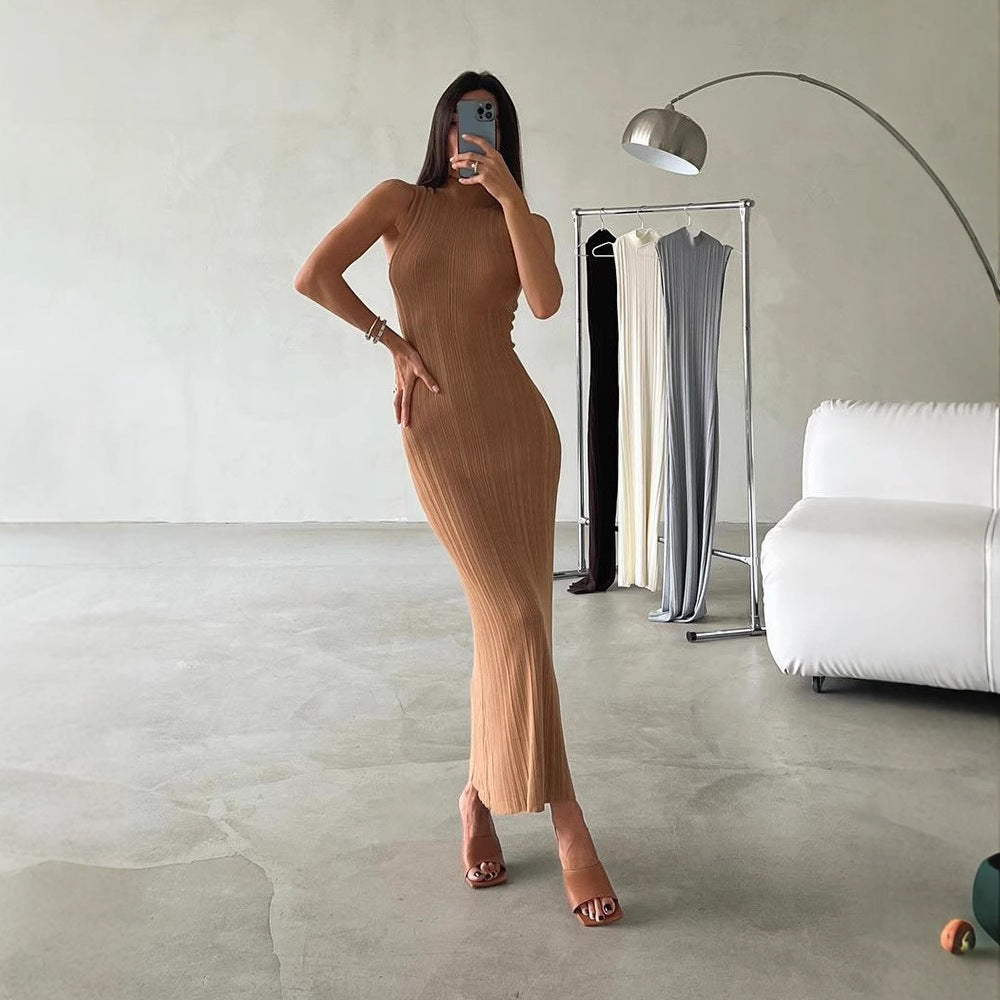 Knitted Turtleneck Sleeveless Tight Midi Dress Dresses