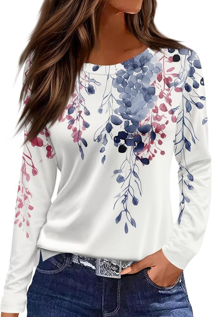Women's Round Neck Printed Solid Color Long Blouses