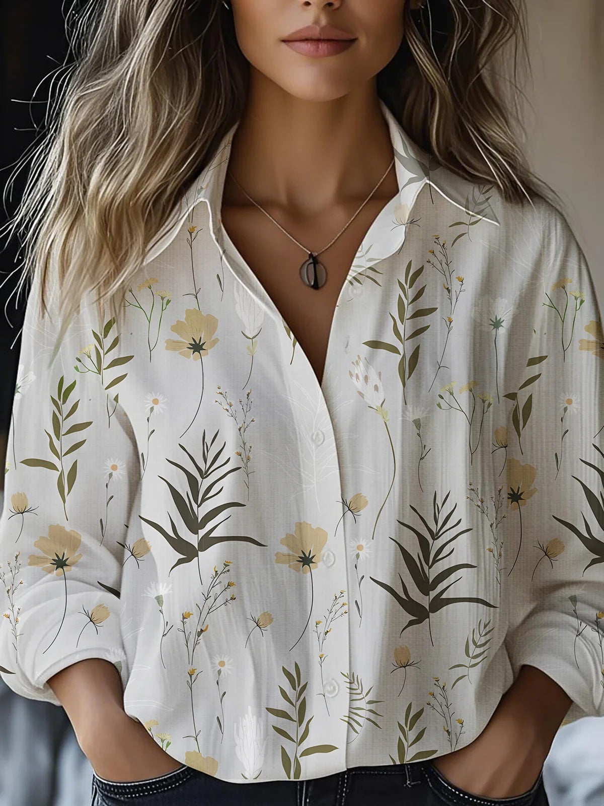Printed Long-sleeved Shirt Imitation Cotton Linen Blouses