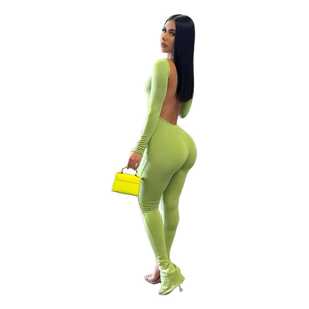 Women's Finger Stall Clothes Solid Color Backless Slit Jumpsuits