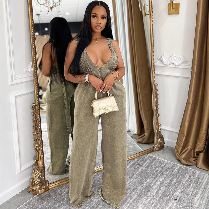 Women's Denim Solid Color Backless Sleeveless Loose Jumpsuits
