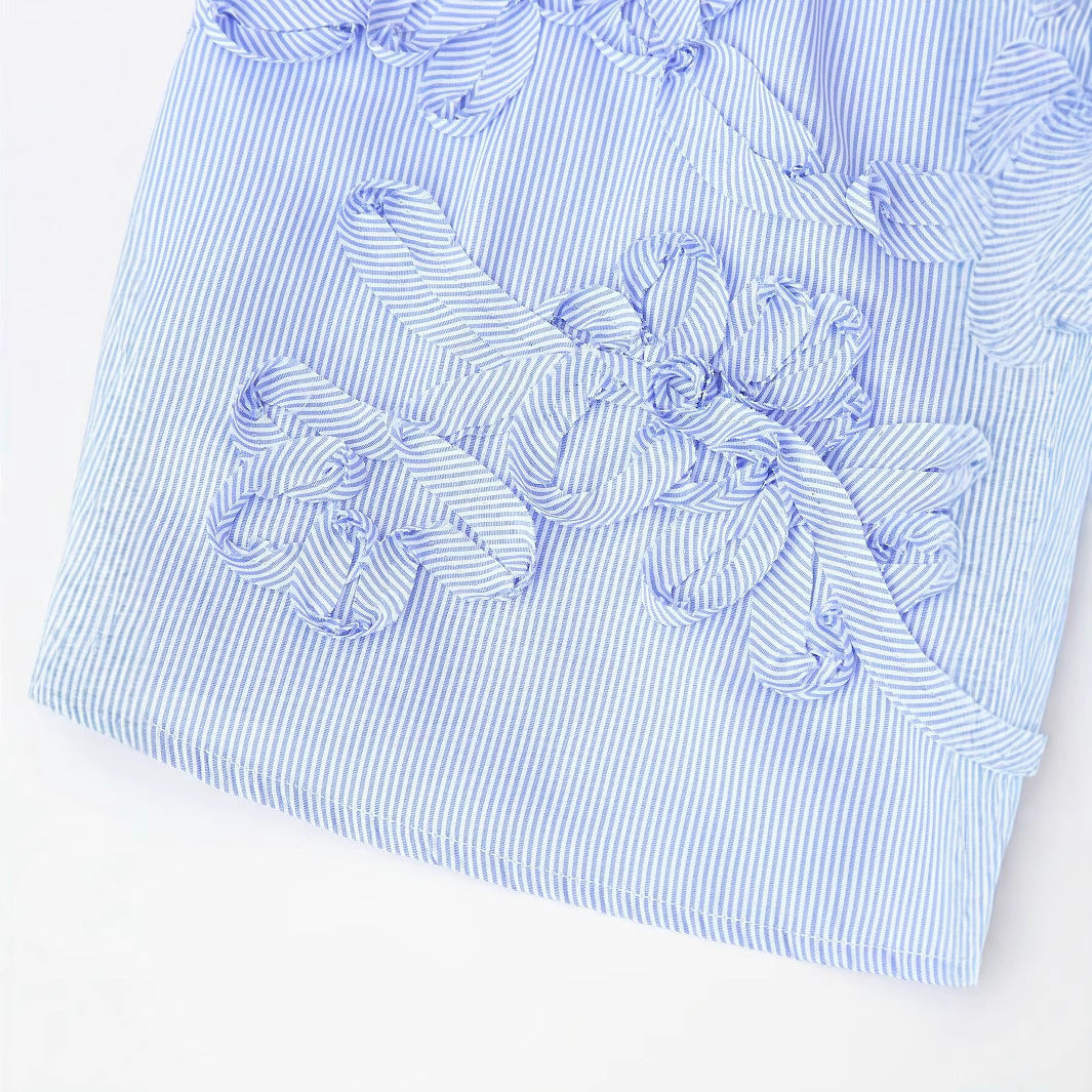 Women's Spring Textured Striped Plate Floral Poplin Blouses
