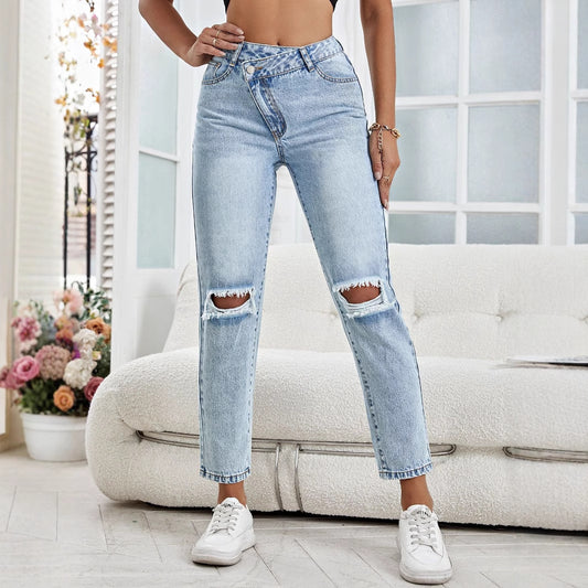 Women's Beautiful Fashion Straight Ripped Trousers Jeans
