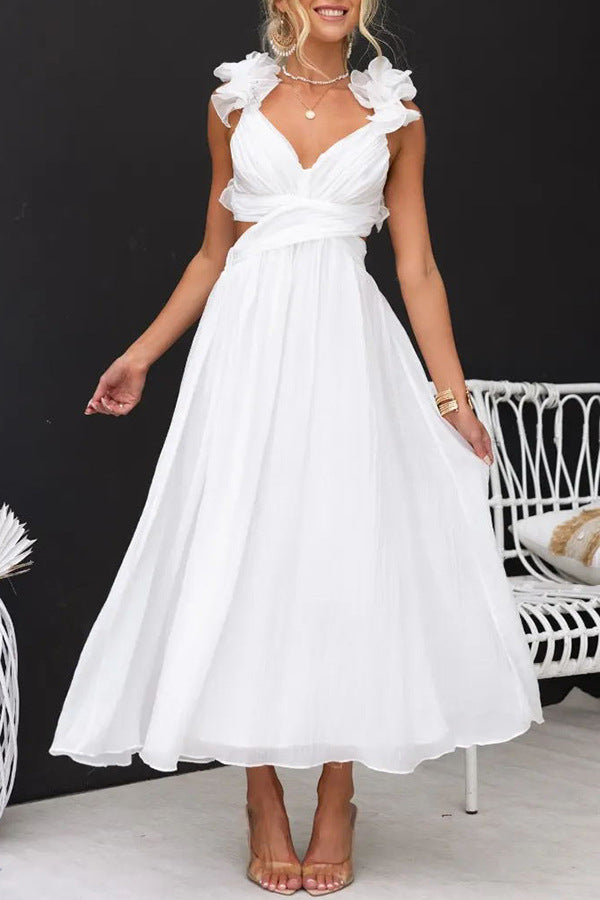 Women's Summer Sexy Sleeveless Solid Color Pleated Dresses