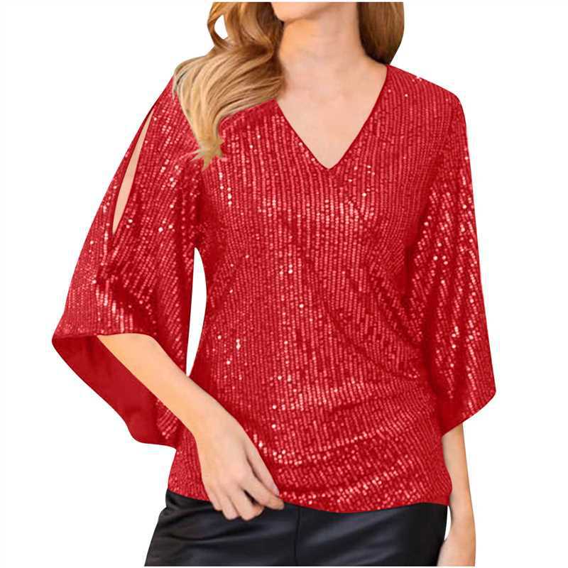 Women's Loose Mid-length Sequined T-shirt Short-sleeved Pullover Blouses