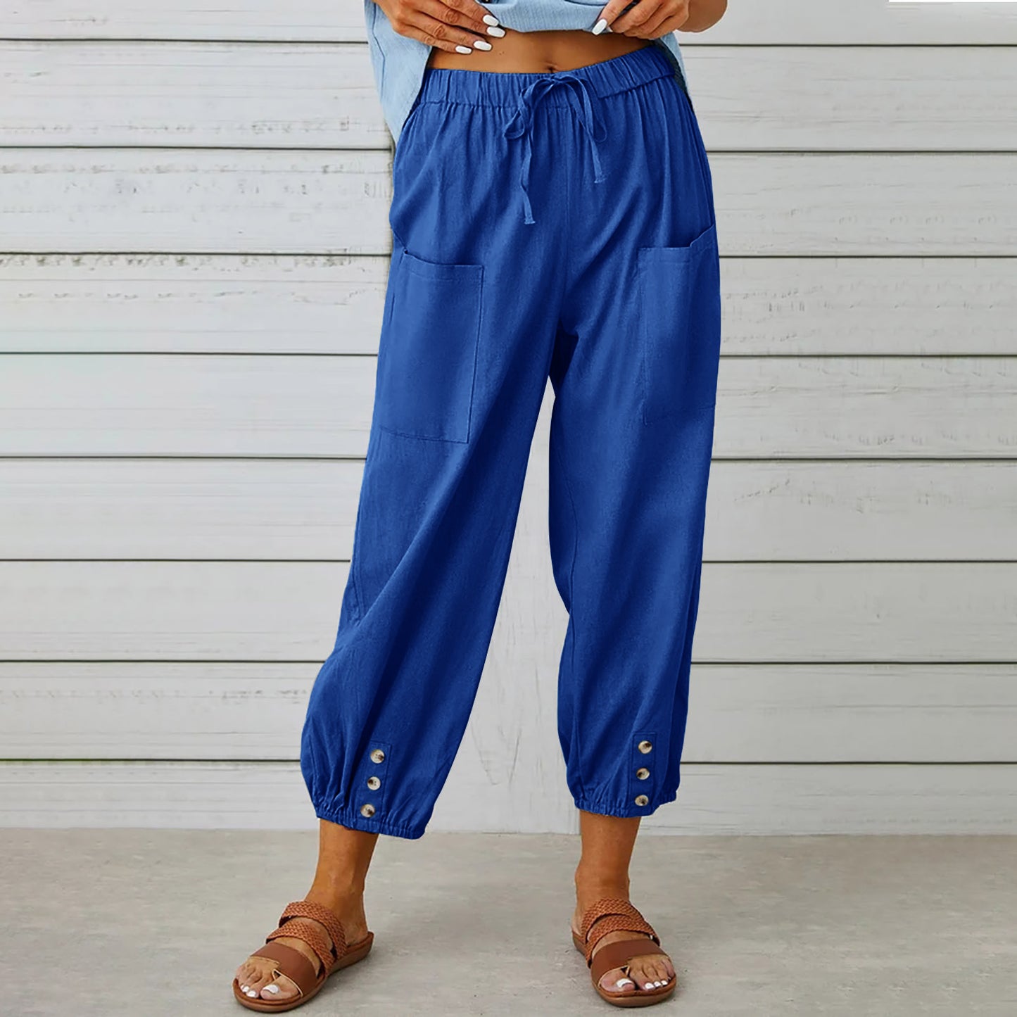 Women's Loose High Waist Button Cotton Linen Trousers Cropped Pants