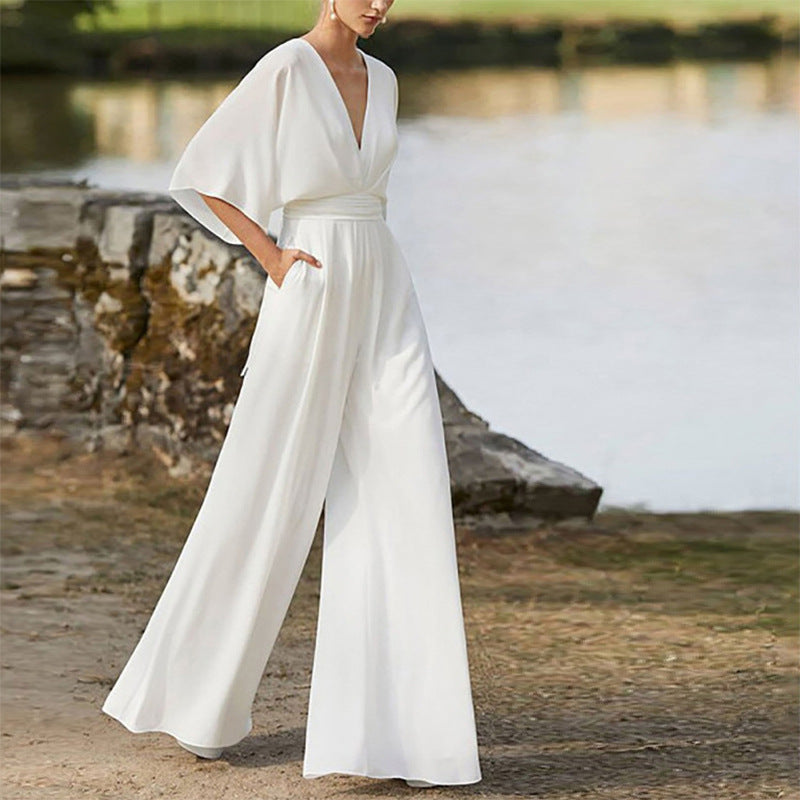Women's Dress Deep V High Waist Wide Pants