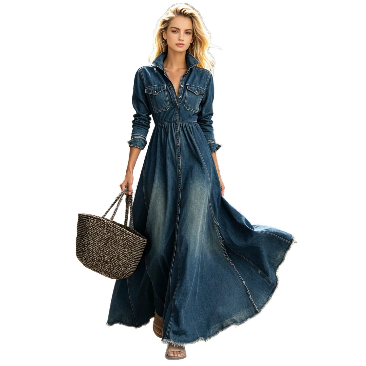 Denim Temperament Slimming Long Sleeve Split Dress
