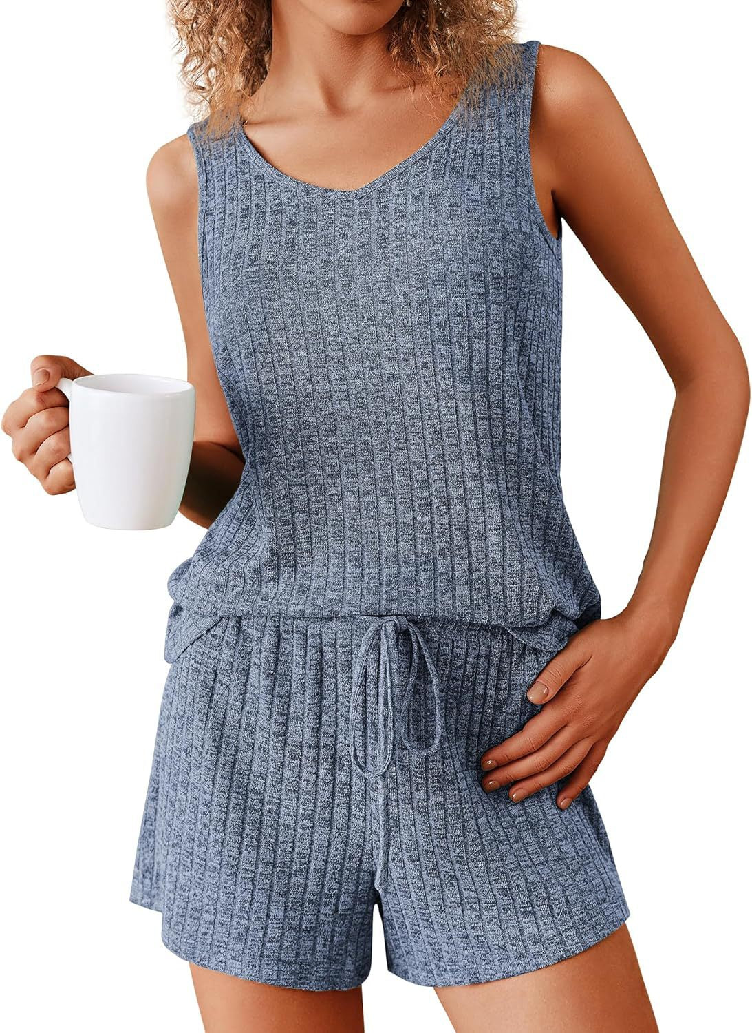 Women's Sleeveless Pajamas Rib Knitted Summer Suits