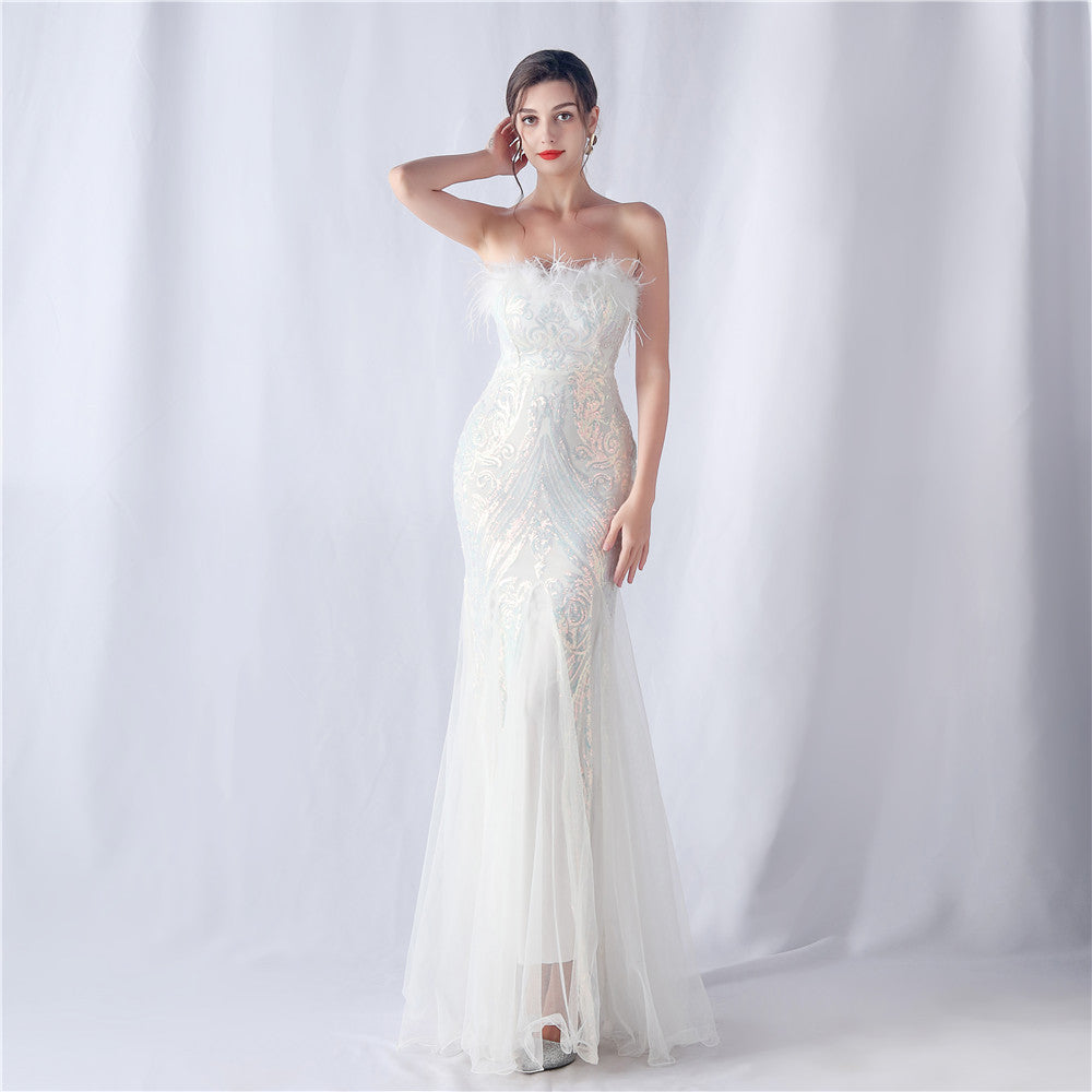 Ostrich Feather Positioning Flower Cutting Tube Evening Dresses