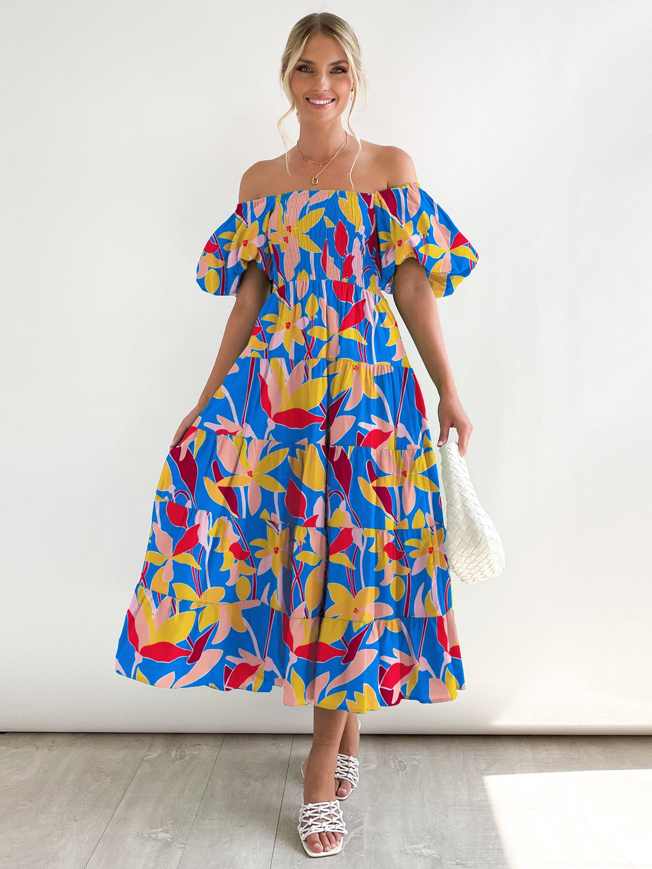 Women's Summer Puff Sleeve Holiday Slim Looking Long Dress Hot Dresses