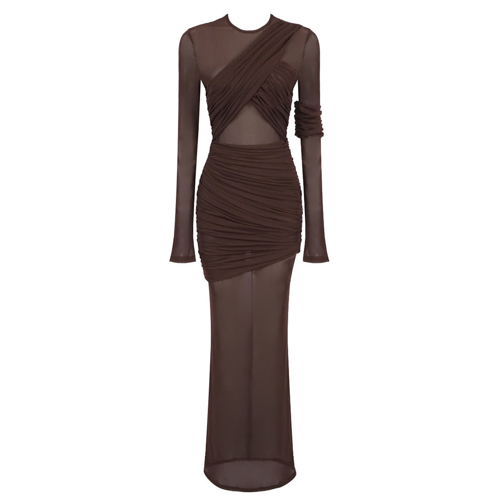 Long Mesh Sexy Slim Fit Pleated Dresses