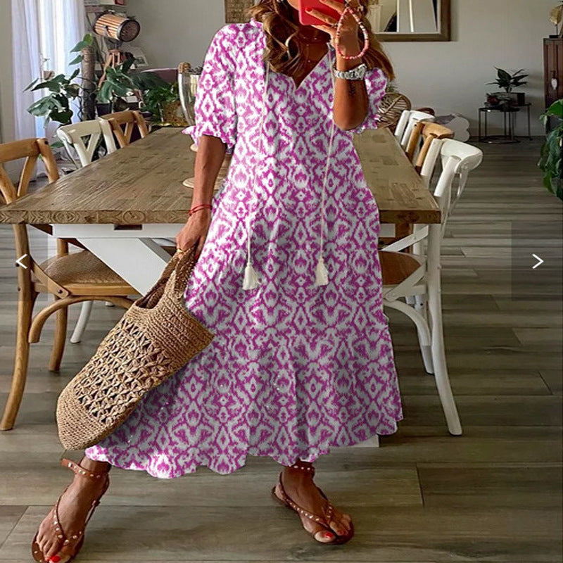 Casual Sweet Loose Printed Tassel Long Dresses
