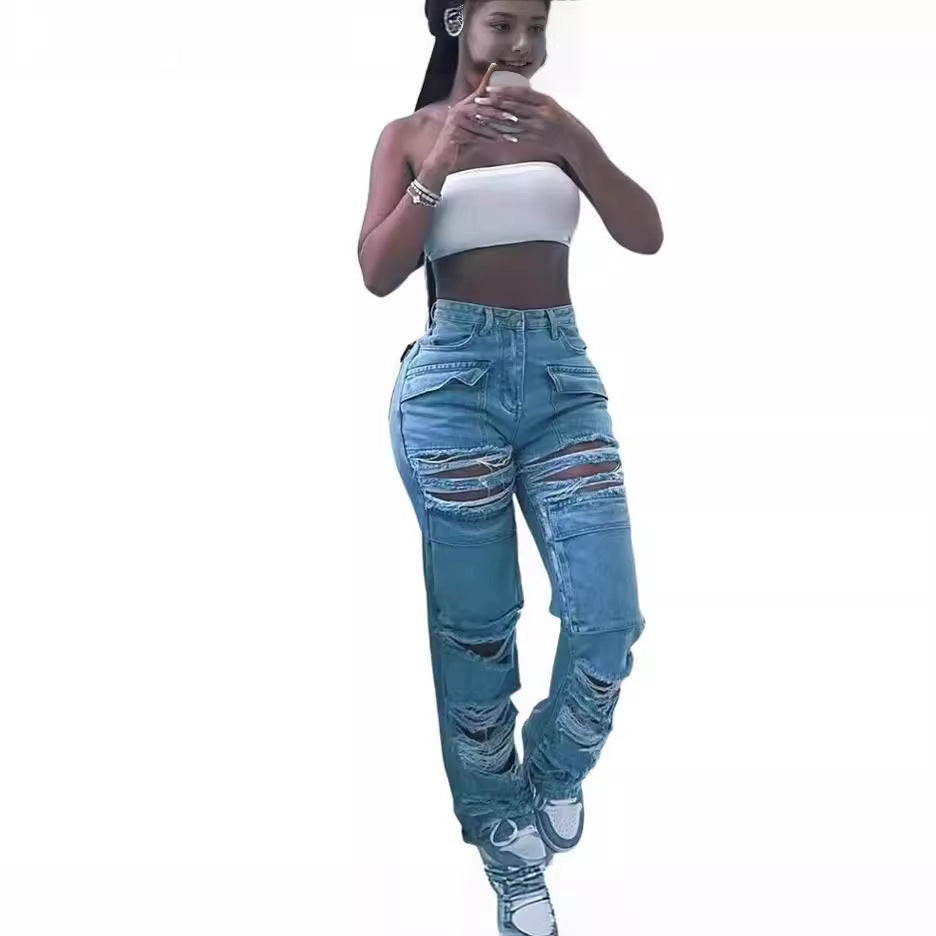 Women's Elegant Casual Denim Trousers Ripped Jeans