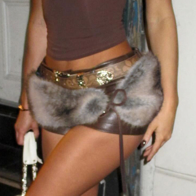 Women's Slim Stitching Furry Belt Retro Hot Pants