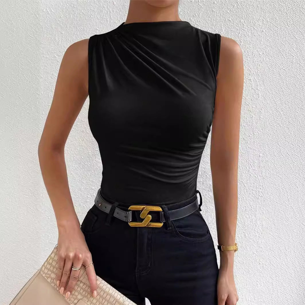 Women's Solid Color Pleated Sleeveless Pullover Half Blouses