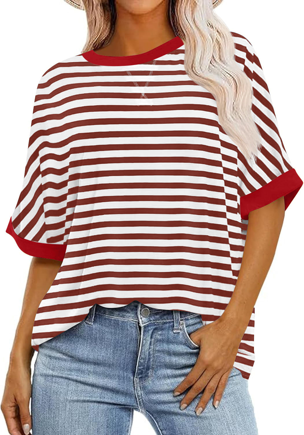 Women's Summer Casual Striped Crew Neck Trendy Blouses