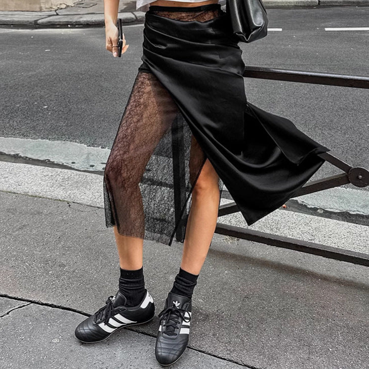 Women's Black Sexy Hot Lace Patchwork Satin Skirts