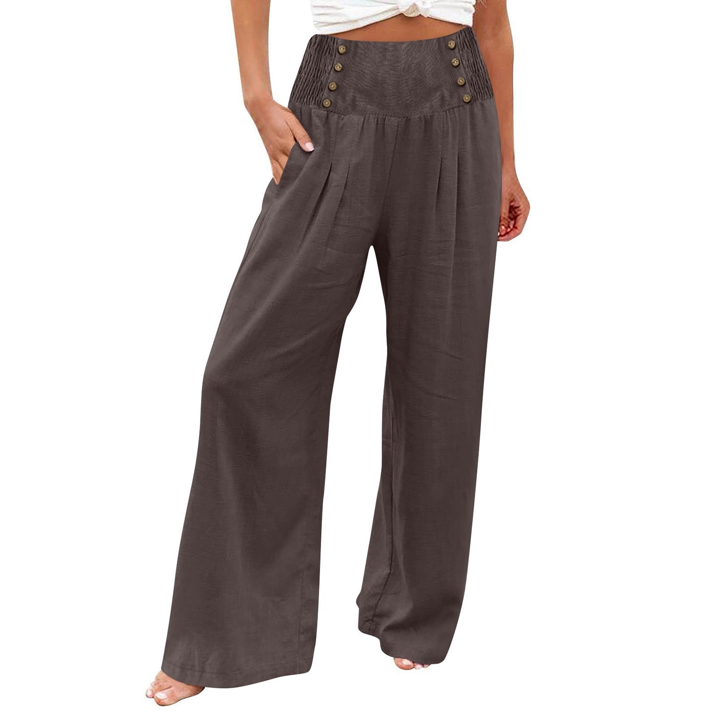 Women's Elastic Waist High Wide Leg Cotton Pants