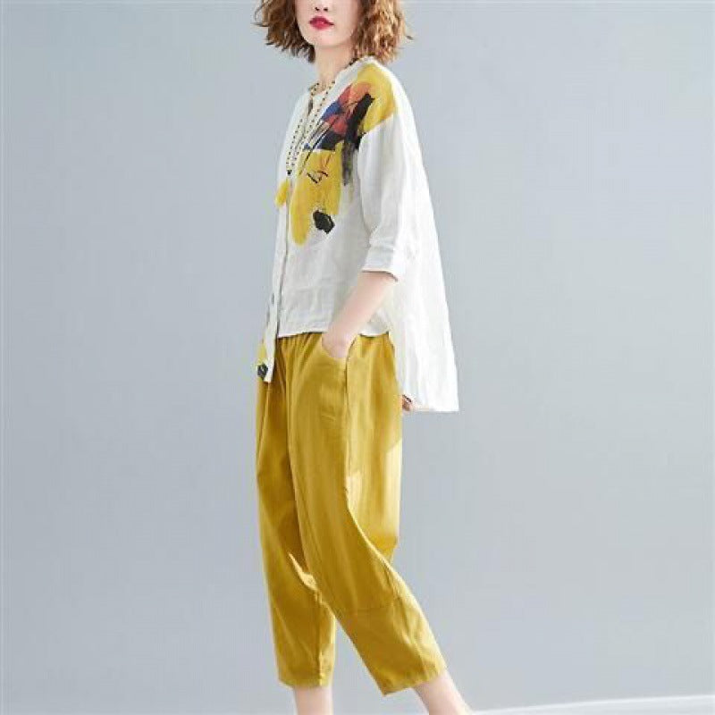 Women's Summer Loose Printed Chiffon Irregular White Shirt Casual Suits