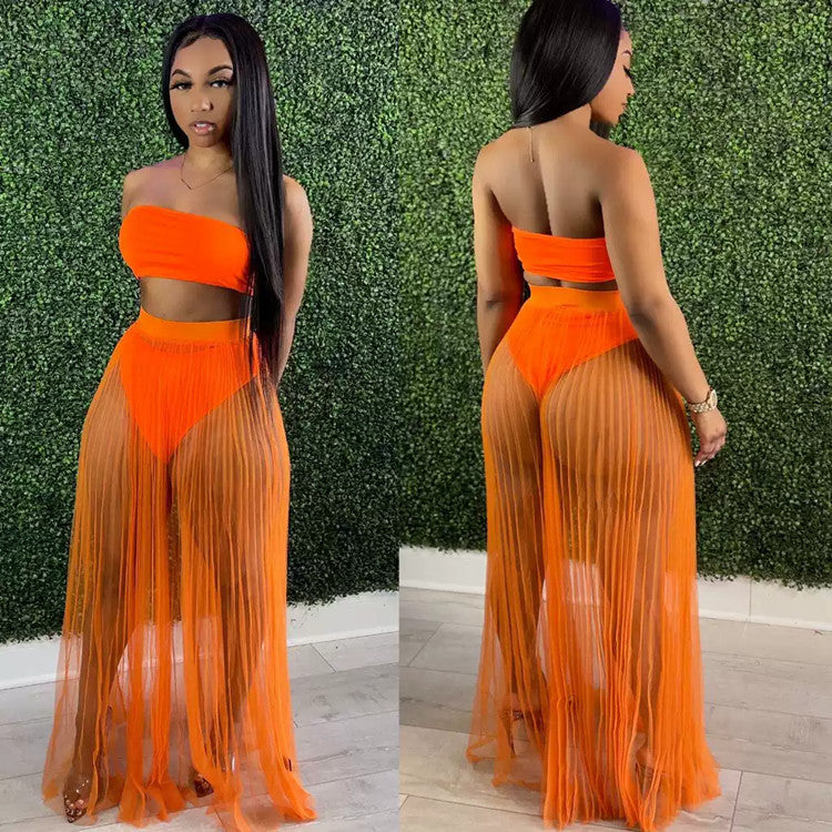 Women's Sexy Mesh Pleating Three-piece Dress Suits