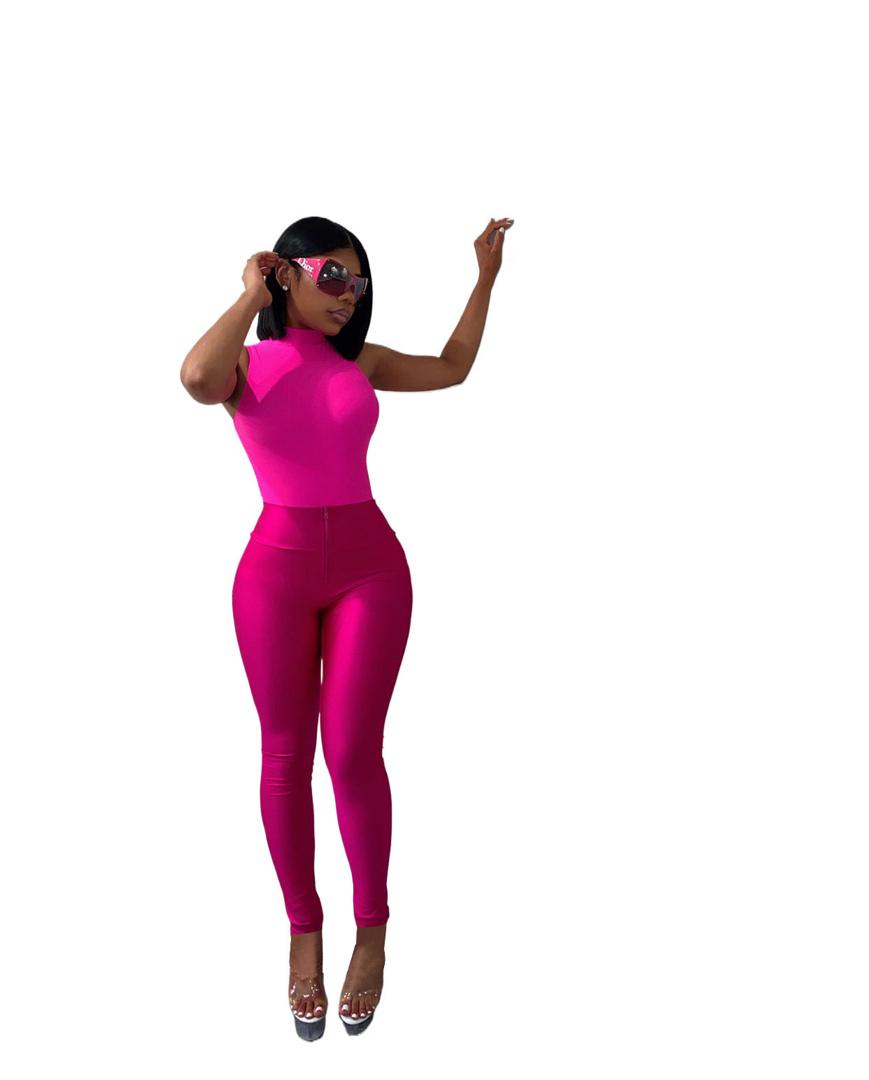 Glossy High Waist Pure Color Zipper Pants