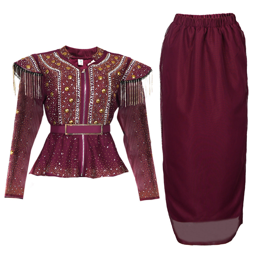 Women's African Dress Rhinestone Two-piece Set Suits