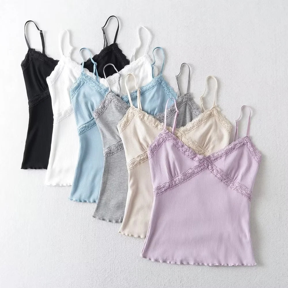 Women's Summer Fresh Lace Edge Sling Stretch Skinny Tops