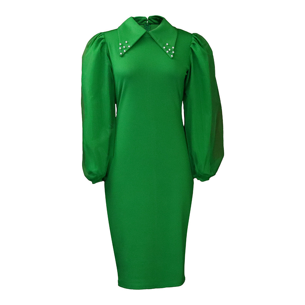 Women's Long-sleeved Large Sheath Beaded Mesh Stitching Commuter Dress