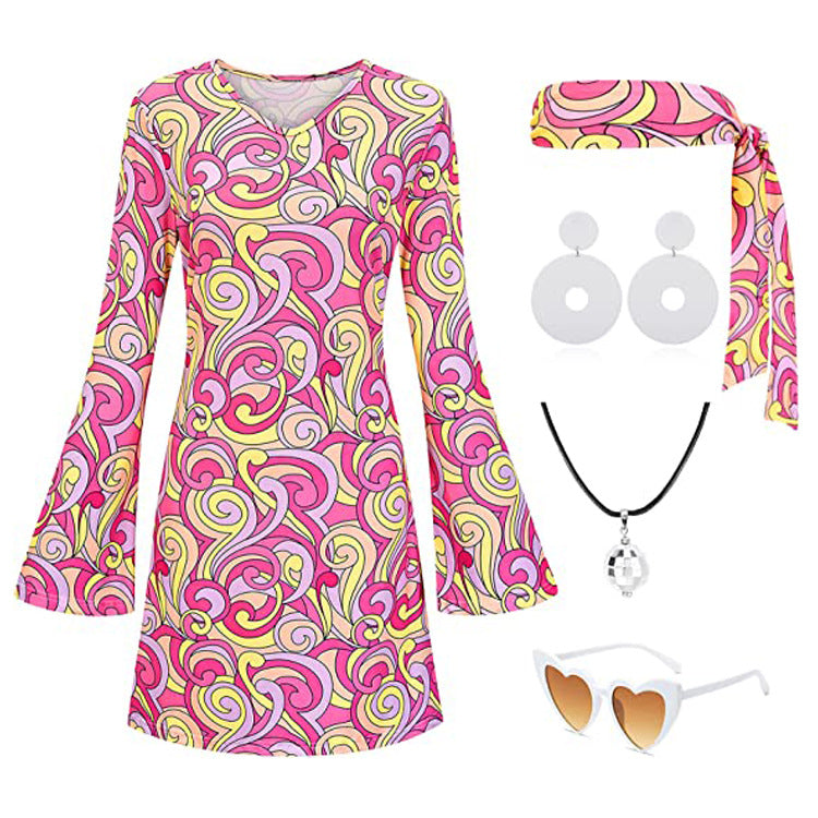 Halloween Generation Hippie Disco Festival Dress Headscarf Print Dresses