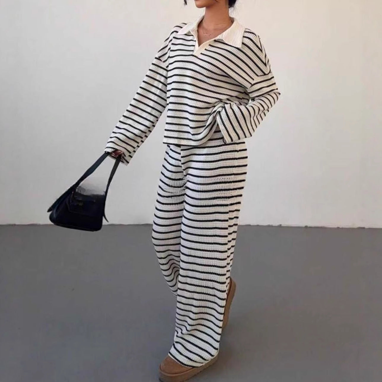Women's Stripes Contrast Color Long Sleeve Trousers Fashion Casual Suit