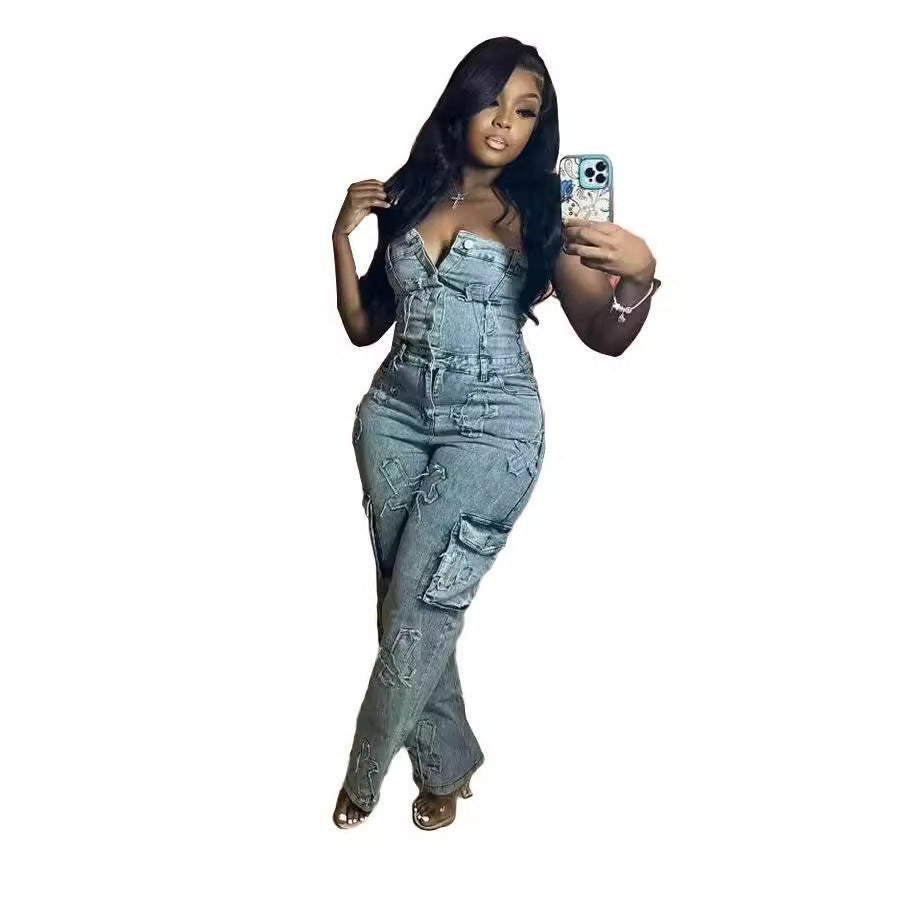 Tube Embroidered One-piece Trousers Cross Elastic Jumpsuits