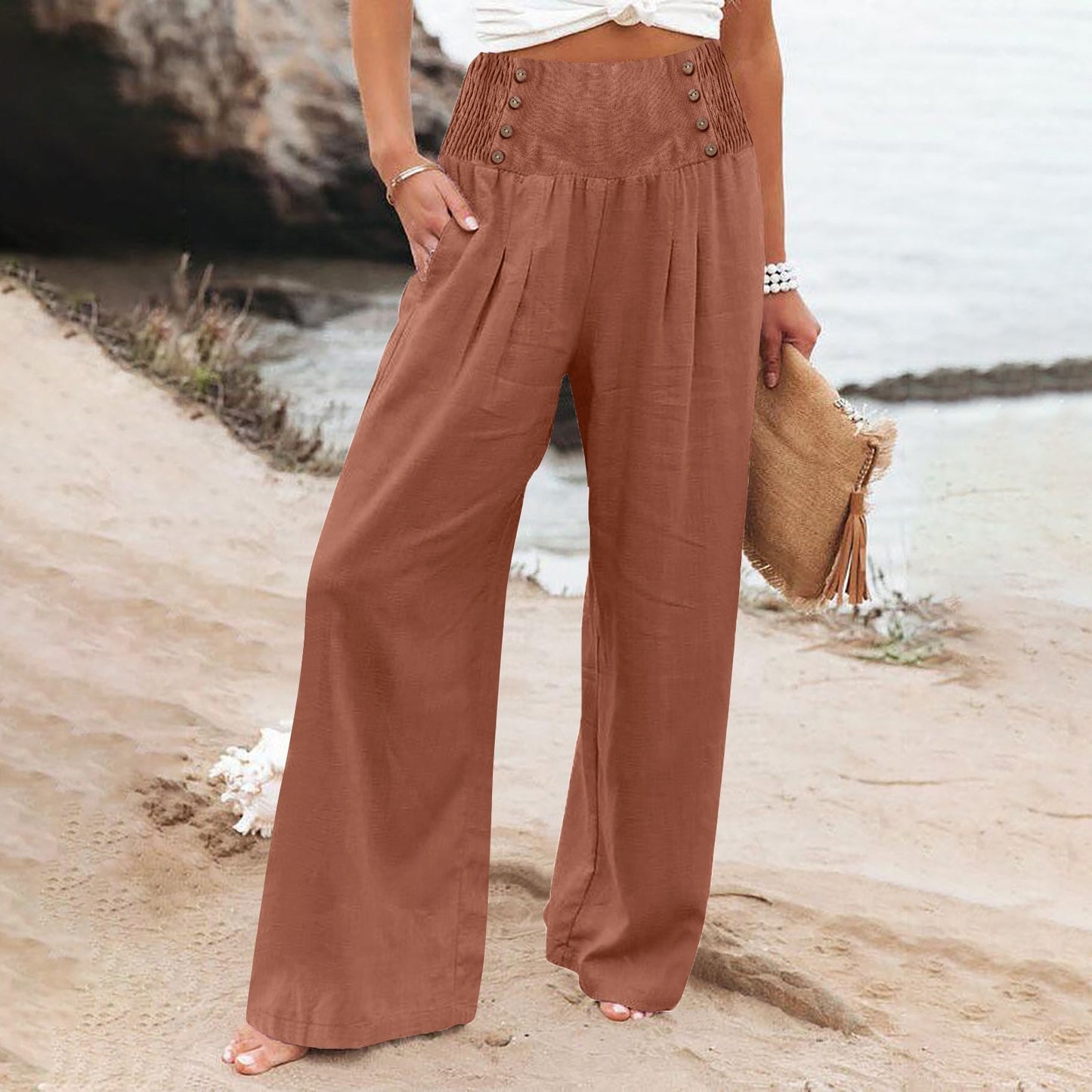 Women's Elastic Waist High Wide Leg Cotton Pants