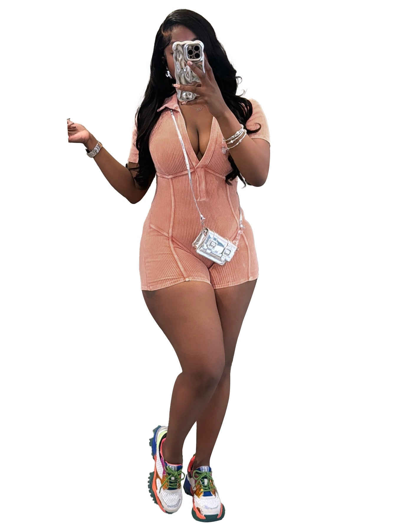 Women's Cotton Thread Washed Distressed Deep V Jumpsuits