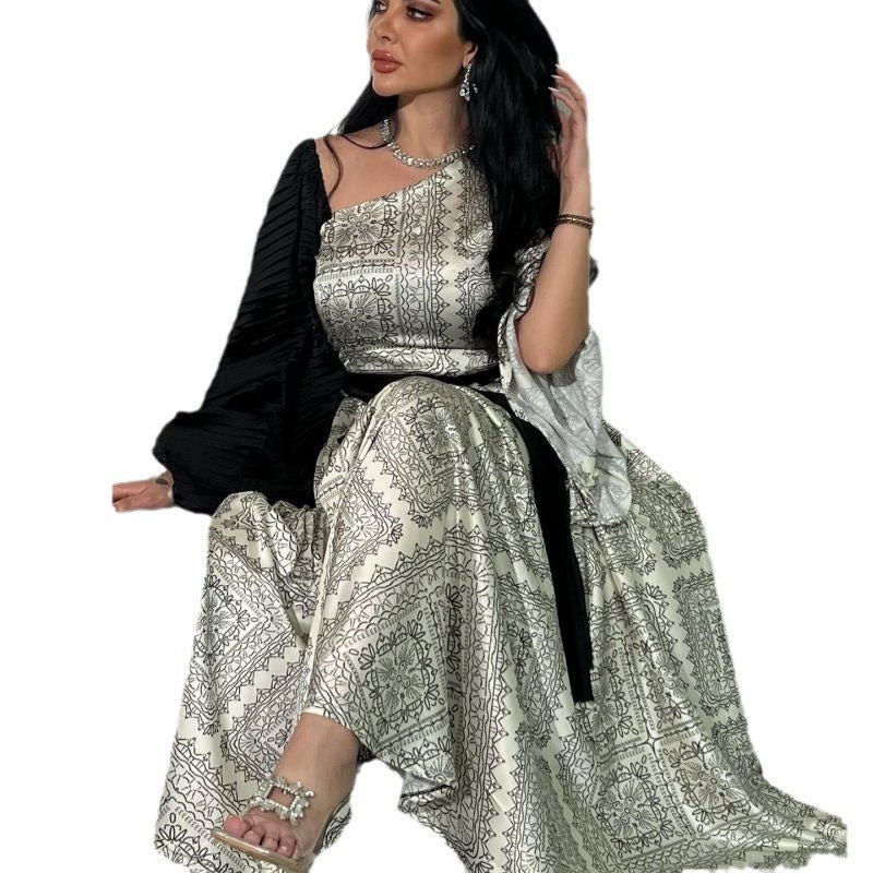 Women's Sexy Print Pleated Belt Stitching Prom Evening Dresses