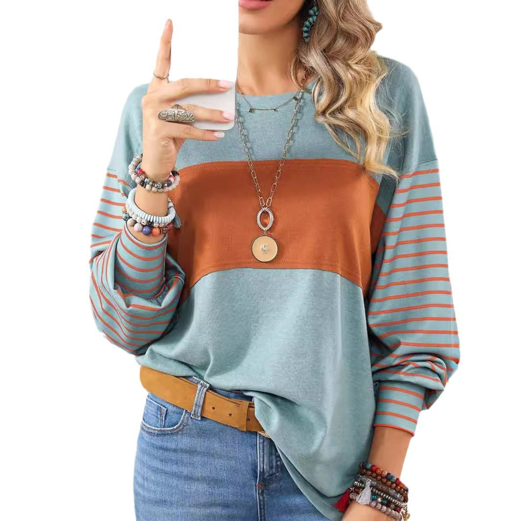 Women's Pullover Crew Neck Casual Striped Color Blouses