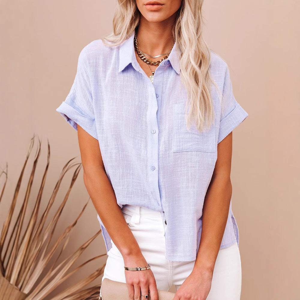 Women's Summer Cotton Linen Shirt Sleeve Lapel Blouses