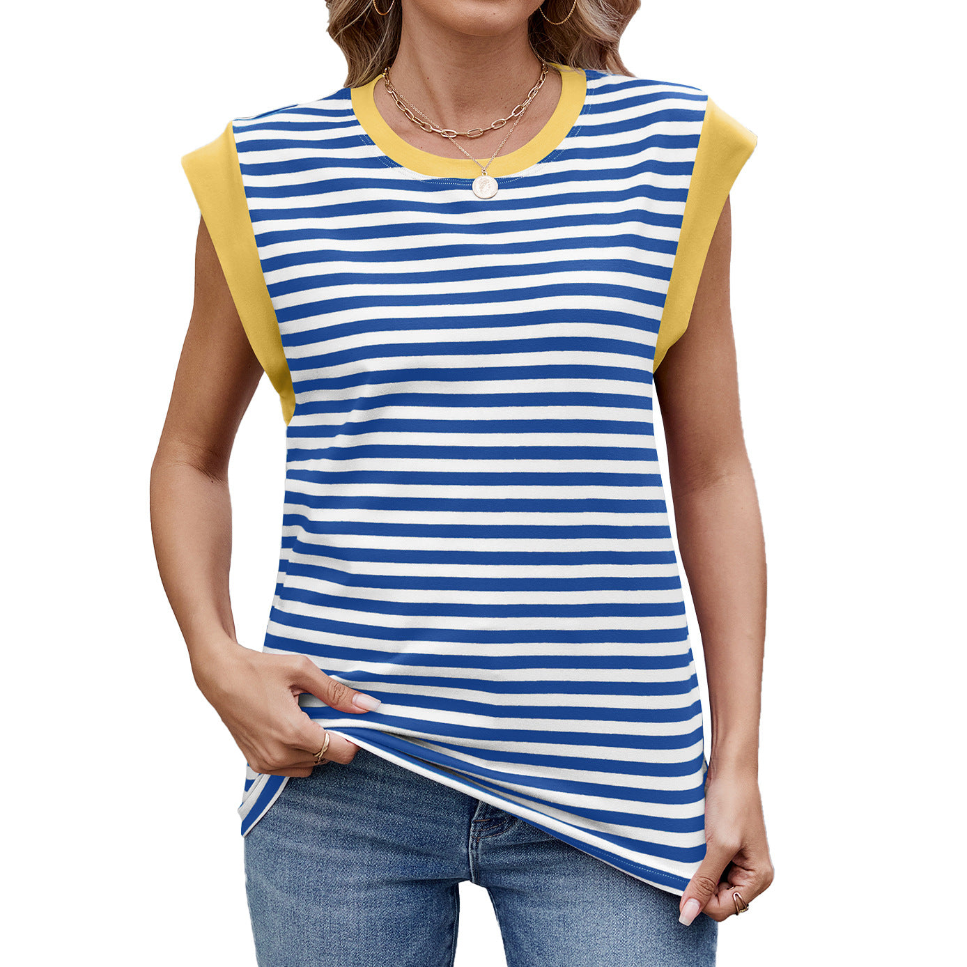 Women's Striped Contrast Color Round Neck Loose Blouses
