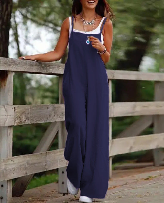 Women's Fashion Casual Pocket Cotton Linen Sling Jumpsuits