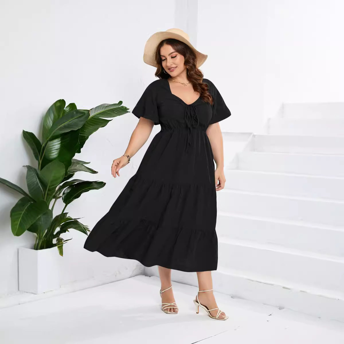 Casual High Waist Dress Long Sleeve Plus Size