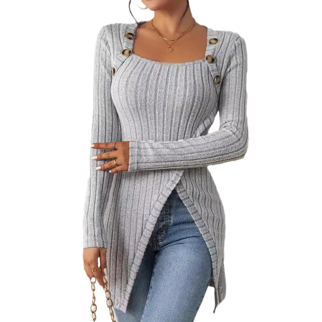 Women's Long Sleeve Knitted Square Collar Irregular Tops