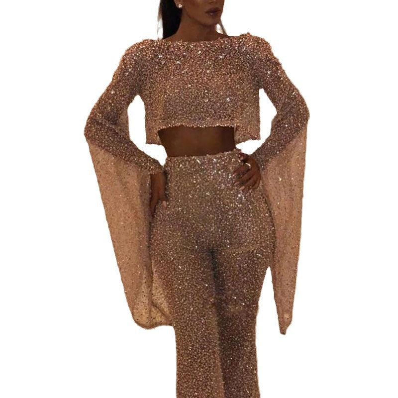 Women's Two-piece Sexy Long-sleeved Backless Trousers Jumpsuits