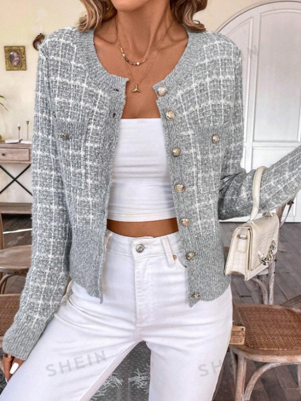 Trendy Fashion Classic Plaid Front Button Women's Sweater