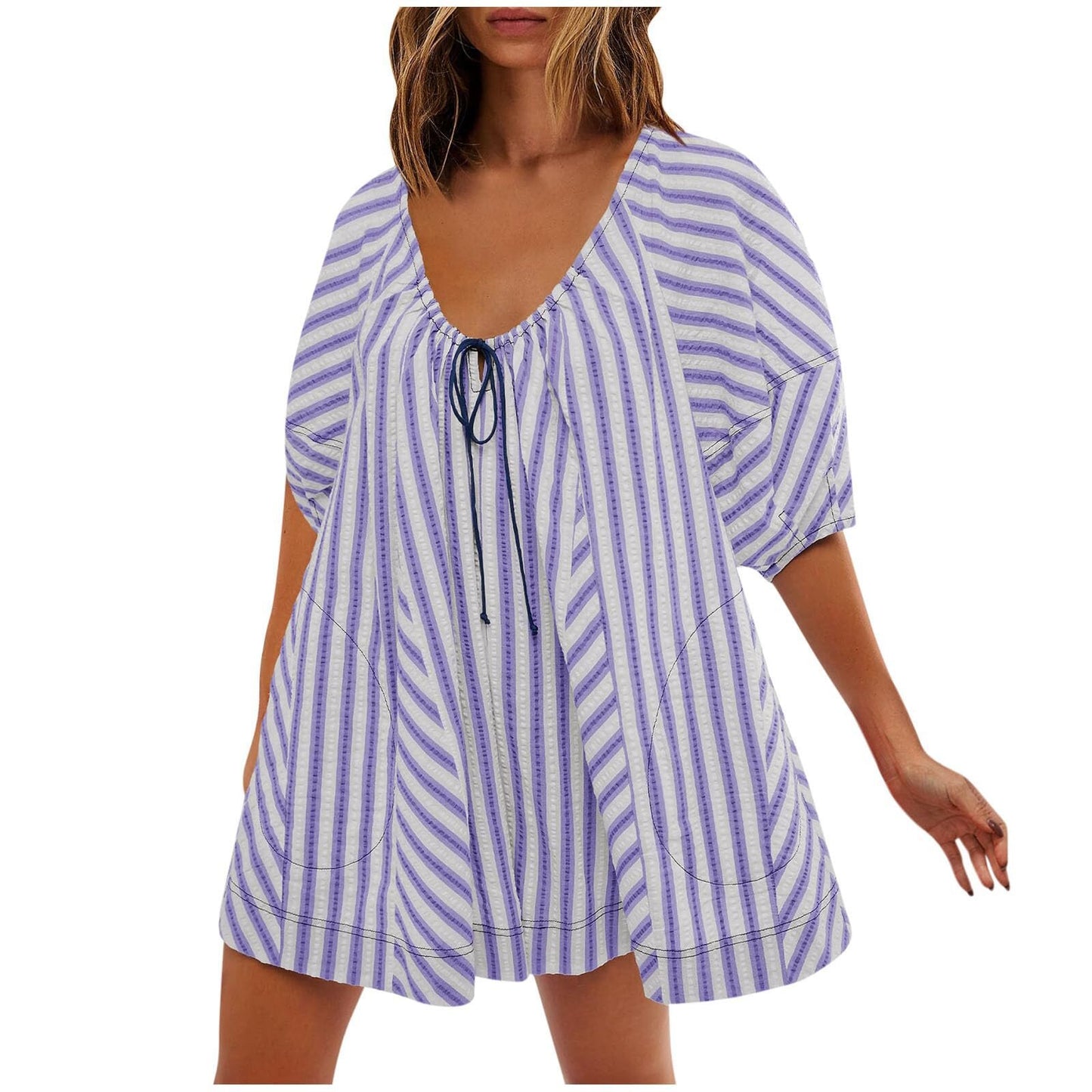 Women's Summer Short-sleeved Striped Shirt Slimming Casual Jumpsuits