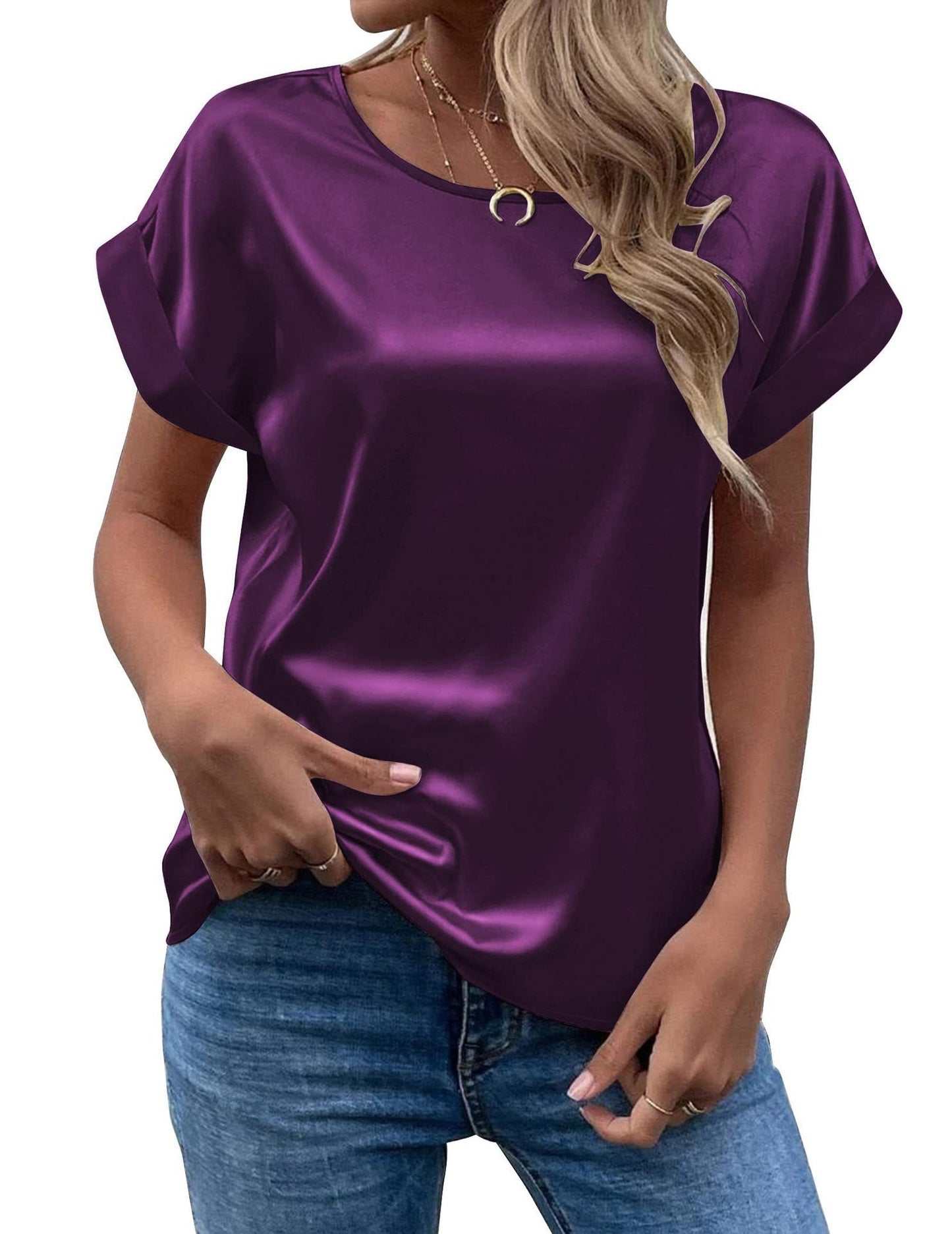 Women's Summer Elegant Satin Pullover Round Neck Blouses